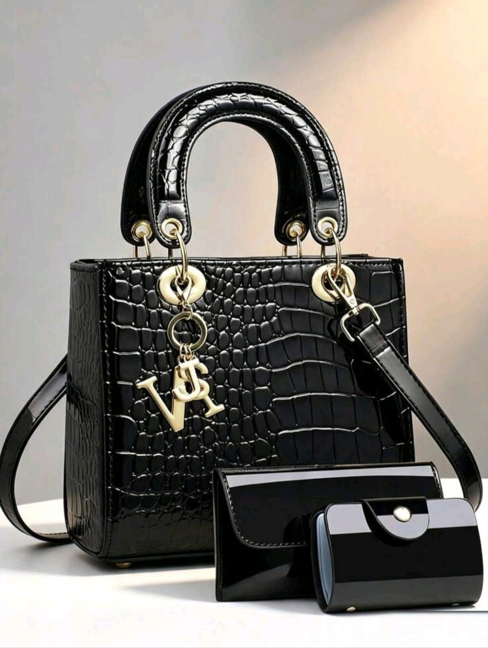 Multicolor/Black 3pcs Set Luxury Crocodile Embossed Tote Bag Elegant Crocodile